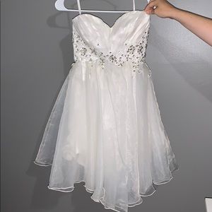 Strapless white lace up prom dress